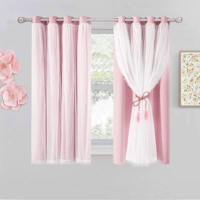 Short Pink Blackout Curtains with Sheer Overlay - Grommet Privacy Drapes, Cute Window Treatments for Kids/Girls Bedroom Nursery LivingRoom, 52 x 54 in, 2 PCs