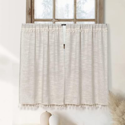 Boho Tassel Kitchen Curtains 36 Inch Length Modern Farmhouse Cotton Linen Short Cafe Curtains for Bathroom Small Window Country Rustic Tiers Bohemian Decor (26W x 36L, 2 Panels, )
