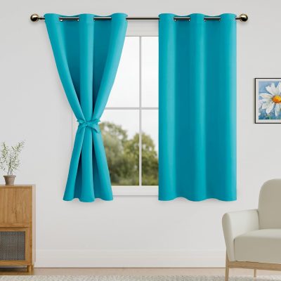 Blackout Short Curtains for Bedroom with Tiebacks - Room Darkening Privacy Grommet Top Window Curtains for Living Room, 42 x 45 inch Length, Turquoise, Set of 2 Panels
