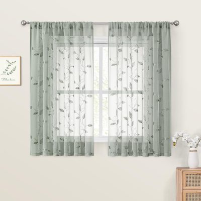 Sage Green Sheer Curtains 52 x 54 Inch Length 2 Panels Embroidered Leaf Pattern Short Curtains for Bedroom Half Small Window Rod Pocket Kitchen