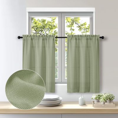 2 Panels Sage Green Kitchen Curtains Sets for Windows 36 Inch Length, Faux Linen Textured Short Cafe Curtains Tiers for Kitchen, Rod Pocket Small Window Drapes for Bathroom, 30Wx36L Inch