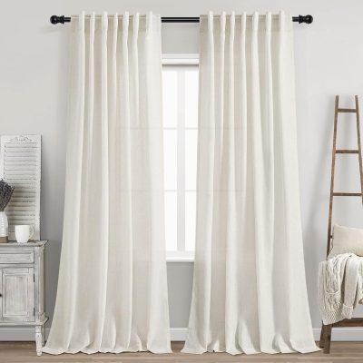 Cream Linen Back Tab Curtains 84 Inch Length for Living Room 2 Panel Set Neutral Modern Farmhouse Window Privacy Semi Sheer Linen Drapes Rustic Pinch Pleated Look Curtain  Ivory Colored