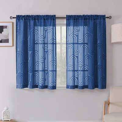 Dusty Blue Sheer Curtains 45 Inch Length 2 Panels, Geometric Mid Century Jacquard Clip Textured Short Curtains for Bedroom, Light Filtering Rod Pocket Curtains Sheer, 42Wx45L Inches