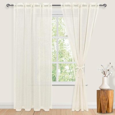 Linen Sheer Curtains 84 inch Length 2 Panels Set with Tiebacks, Rod Pocket Privacy Light Filtering Textured Semi Sheer Drapes for Living Room/Bedroom，W 52 x L 84,