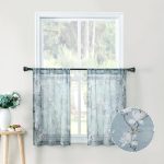 Floral Short Blue Sheer Tier Curtains Flower Print Vine Embroidery Kitchen Half Curtain Rod Pocket Café Voile Window Curtains for Bathroom, 30 x 24 inches Long, Set of 2 Panels