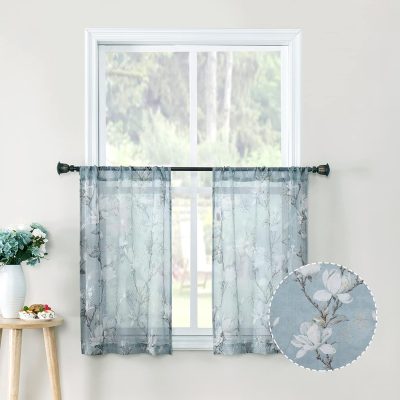 Floral Short Blue Sheer Tier Curtains Flower Print Vine Embroidery Kitchen Half Curtain Rod Pocket Café Voile Window Curtains for Bathroom, 30 x 24 inches Long, Set of 2 Panels