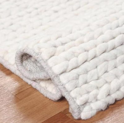 Wool Cotton Area Rug for Living Room and Bedroom, 5'x8' Handwoven Braided Chunky Knit Cable Rugs, Farmhouse Contemporary Area Rug: Ivory