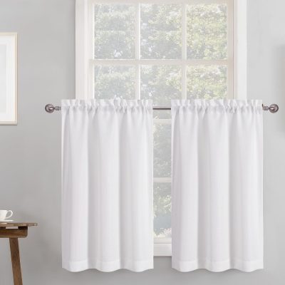 2 Panels White Kitchen Curtains 36 Inch Length Tier Curtains, Faux Linen Textured Small Cafe Curtains, Light Filtering Short Window Curtains for Bathroom Basement, 30x36 inch, 2PCS