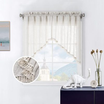 Tassel Linen Textured Swag Curtain Valance for Farmhouses’ Kitchen; Light Filtering Rustic Short Swag Topper for Small Windows Bedroom Privacy Added Rod Pocket Design (36x36-2PCs)
