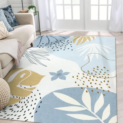 Boho Blue Living Room Carpet - Washable Area Rugs 4x6 Non-Slip Ultra-Thin Soft Bedroom Rugs Nursery Kids Room, Botanical Print Indoor Modern Floral Carpet Rug for Classroom Laundry Room Office