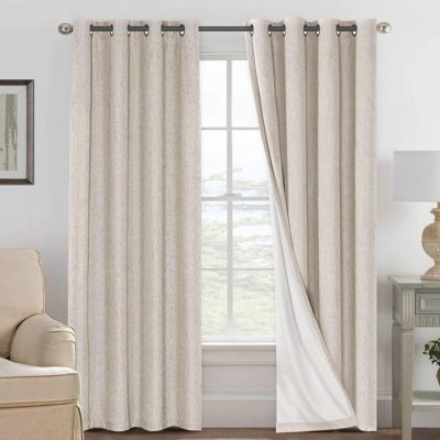 Linen 100% Blackout Curtains for Bedroom Full Light Blocking Curtains, Textured Window Curtain for Living Room 84 inch Grommet, Energy Efficient Curtains White Liner(2 Panels, )