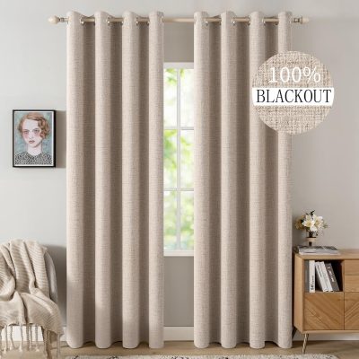 100% Blackout Linen Textured Curtains for Bedroom Solid Thermal Insulated  Beige Grommet Room Darkening Curtains & Drapes Luxury Decor for Living Room Nursery 52 x 84 Inch (2 Panels)