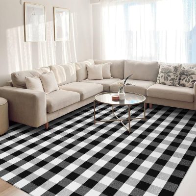 Buffalo Plaid Area Rug 8 x 10 Ft Black and White Checkered Rug Washable Outdoor Patio Rugs Cotton Rugs for Living Room Carpet for Dining Room Bedroom Farmhouse Rug