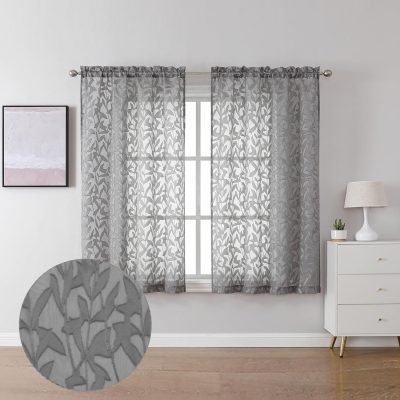 Living Room Charcoal Grey Sheer Curtains 45 Inches Length 2 Panels, Double Rod Pocket Window Voile Gray Curtain for Bedroom, Jacquard Textured Leaf Short Kitchen Drapes, 38W x 45L