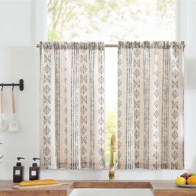 Boho Kitchen Curtains Linen Tier Curtains 36 Inches Bohemian Cafe Small Drapes Striped Mudcloth Farmhouse for Bathroom RV Camper Light Filtering Rod Pocket 2 Panels Black on Beige