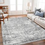 5x7 Washable Area Rug Gray Vintage Traditional Floor Cover Foldable Thin Kitchen Indoor Distressed Non Slip Carpet Floral Print Mat Bedroom Living Room Bathroom