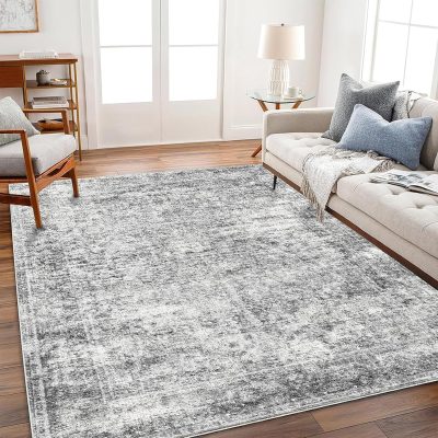 5x7 Washable Area Rug Gray Vintage Traditional Floor Cover Foldable Thin Kitchen Indoor Distressed Non Slip Carpet Floral Print Mat Bedroom Living Room Bathroom