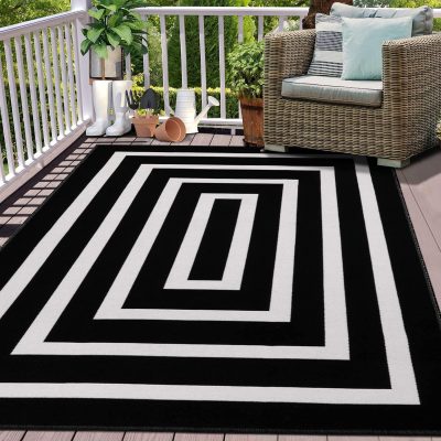 Black and White Striped Area Rug 5' x 7' Indoor Outdoor Rug Washable Woven Farmhouse Porch Front Outdoor Rug Patio Clearance for Living Room Courtyard Large Cotton Floor Carpet