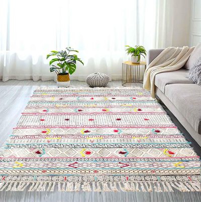 4' x 6' Bohemian Décor Cotton Area Rug with Hand Embroider Boho Chic Carpet - Decorative Tribal Piece for You Living Room, Bedroom, Patio or Kids Room