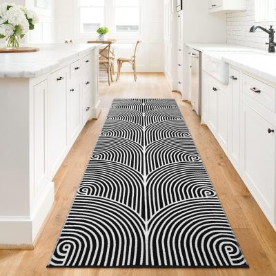 Kitchen Rugs 2.6'x8', Machine Washable Rug Runner Large Laundry Room Rug Extra Long Hallway Rug Cotton Woven Black and White Outdoor Carpet Runner for Entryway Doorway Bedroom