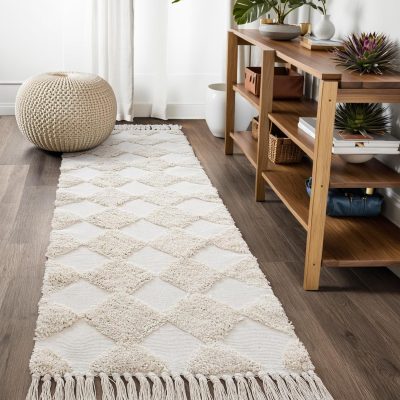 Boho Checkered Carpet Runners for Hallway 8ft, Beige Farmhouse Kitchen Rug Runner, Washable Cotton Tufted Hallway Runner Rug Bohemian Rug Throw Carpet Runner for Porch Bedroom Living Room
