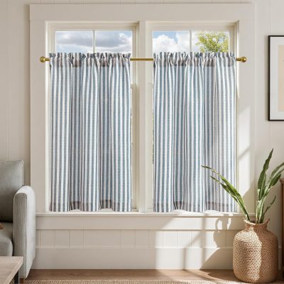 Linen Kitchen Curtains 36 Inch Length Striped Tier Curtains Ticking Stripe Small Drapes for Living Room Bathroom Cafe Small Window Farmhouse Rustic Pinstripe Rod Pocket 2 Panels Blue