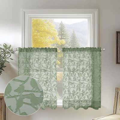 Textured Sage Green Kitchen Sheer Curtain Tiers 36 inch Length 2 Panels Set, Elegant Farmhouse Short Sheer Curtains for Small Windows/Bathroom/Cafe/Living Room, Dual Rod Pocket, W38xL36