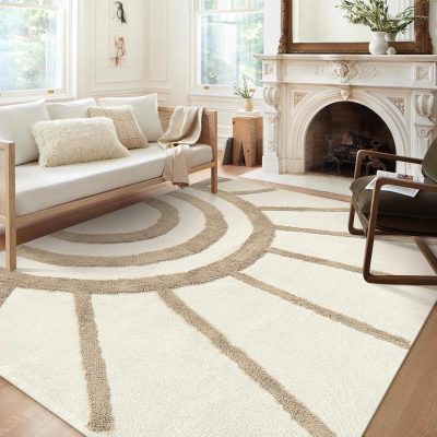 Boho Area Rug 5'x8', Washable Tufted Living Room Rugs Soft Bedroom Rug Nursery Rug, Farmhouse Cotton Woven Tan Floor Carpet Rugs for Dorm/Kids Room/Nursery/Classroom/Office