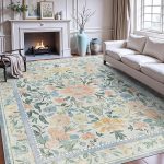 Area Rug 6x9 Cleaned:Machine Washable Rug for Living Room Soft Bedroom - Low Pile Faux Wool Carpet - Boho Floral Distressed Non Slip Carpet for Dining Room Nursery Kids Pets