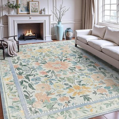 Area Rug 6x9 Cleaned:Machine Washable Rug for Living Room Soft Bedroom - Low Pile Faux Wool Carpet - Boho Floral Distressed Non Slip Carpet for Dining Room Nursery Kids Pets