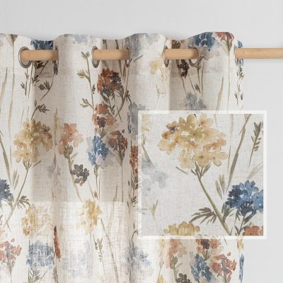 Linen Curtains for Living Room Floral Patterned Semi Sheer Vertical Drapes Decor Farmhouse Style Texture for Dining Room Light Soften Privacy, Yellow, W52 x L84, Pack-2