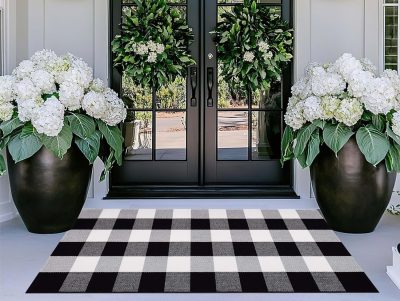 Buffalo Plaid Outdoor Rug 24"x51", Black and White Front Porch Rug Cotton Woven Machine Washable Outdoor Front Door Mat Carpet for Outdoor Front Porch,Entryway,Home Entrance