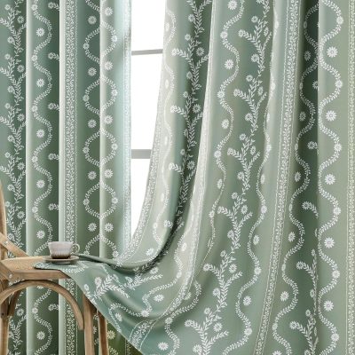 Blackout Curtains for Bedroom, Boho Sage Green Floral Curtain 84 Inch Length 2 Panels, Vintage Farmhouse Printed Patterned Curtains Tassels Country Drapes