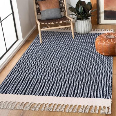 Boho Bedroom Rug, 3x5 Kitchen Rug Lightweight Rugs for Entryway Living Room Woven Washable Area Rug with Tassels, Farmhouse Navy Blue Throw Rugs Non Shedding Floor Carpet for Living Bedroom