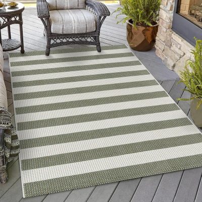 Green and White Striped Outdoor Area Rug 4x6 ft Washable Patio Rugs Cotton Woven Living Room Rug Farmhouse Indoor Outdoor Rugs Large Floor Carpet for Courtyard/Bedroom/Entryway