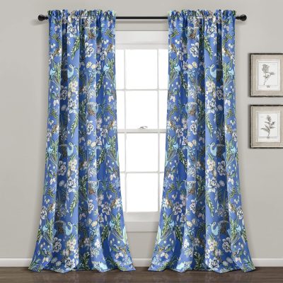 Light Filtering Window Panels, Pair, 52" W x 84" L, Blue & Green - Toile Curtains - Floral Bird Print - & French Country Curtains - Cottage & Maximalist
